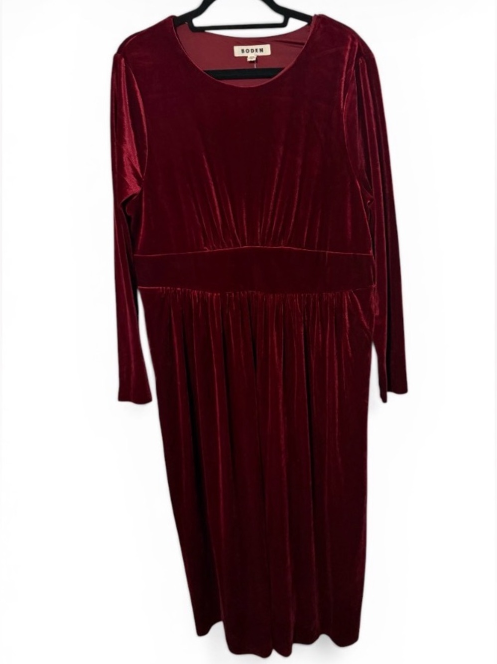 BODEN Deep Burgundy Velvet Long-Sleeve Midi Dress